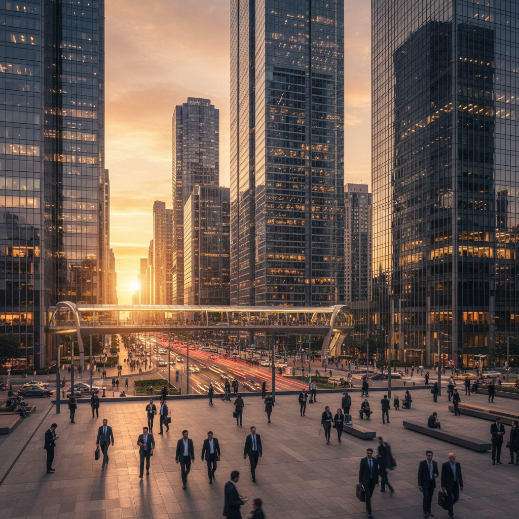 Vista panorâmica de um centro financeiro moderno com prédios espelhados ideal para decidir entre investir ou empreender.