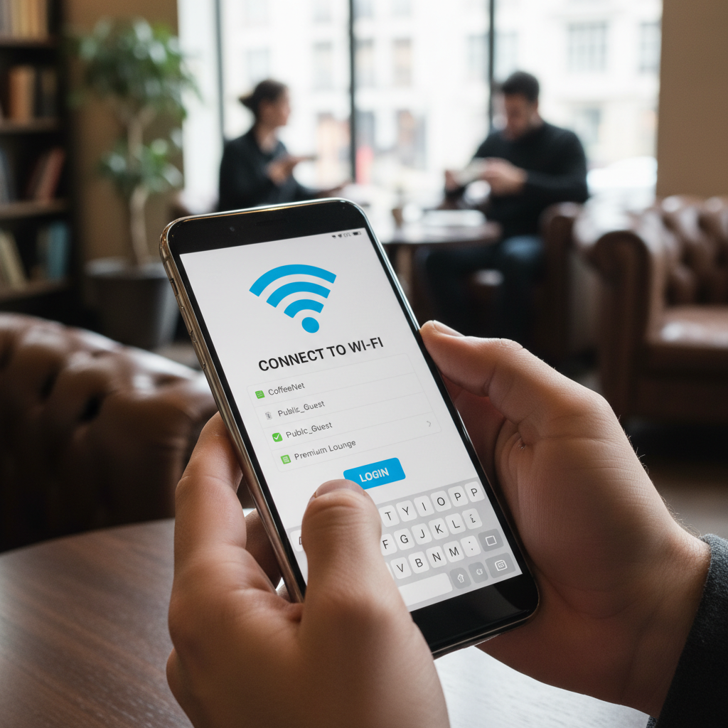 Close no celular mostrando conexão ativa garantindo a jornada do cliente com wi-fi em um estabelecimento comercial.