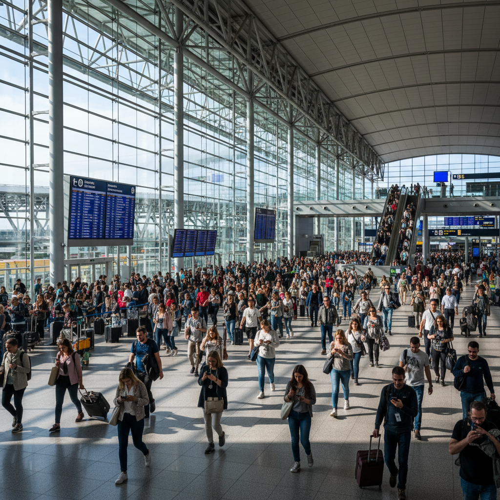 Pessoas em um aeroporto moderno conectadas durante a jornada do cliente com wi-fi em plano aberto e iluminado.