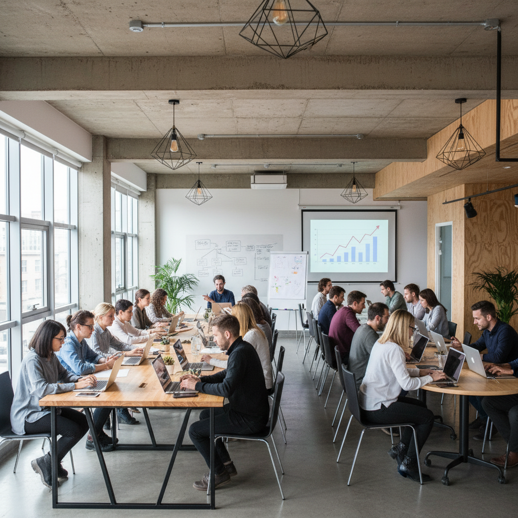 Empreendedores em um escritório amplo usando laptops para aplicar marketing digital para pequenos empreendedores.