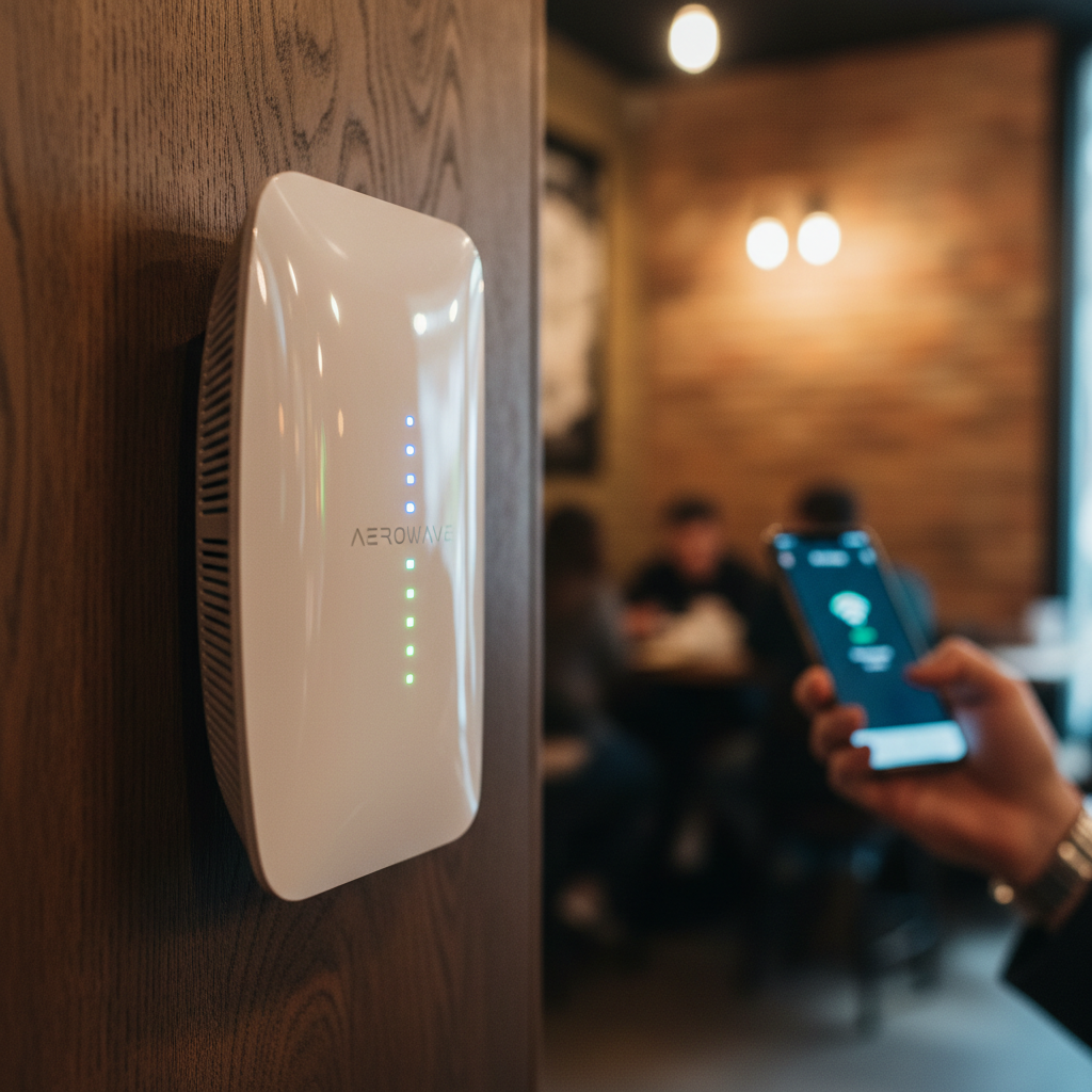 Detalhe de roteador profissional em parede de madeira focado em modelos de monetização de hotspot e conectividade.