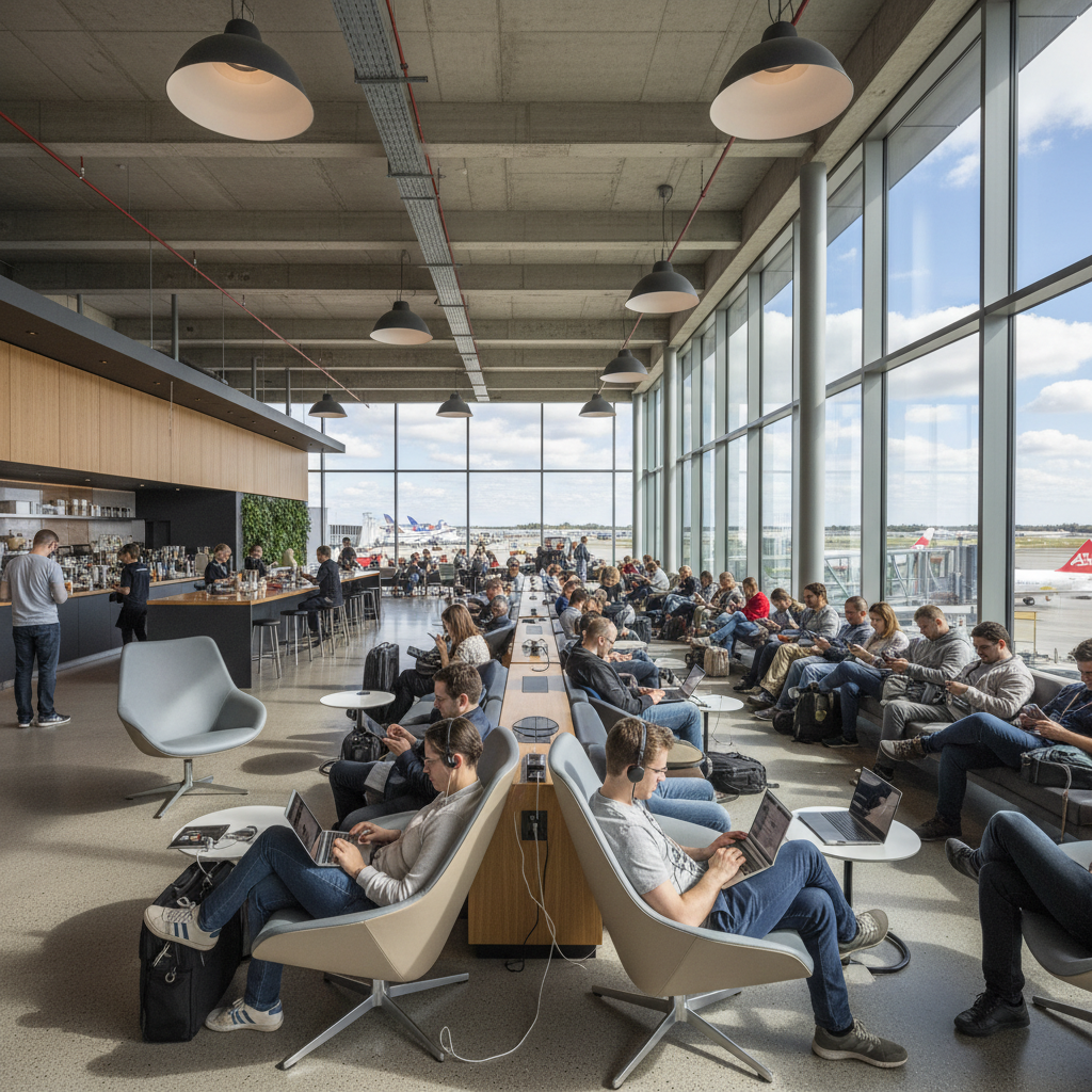 Pessoas em aeroporto moderno usando dispositivos via modelos de monetização de hotspot em uma vista panorâmica ampla.