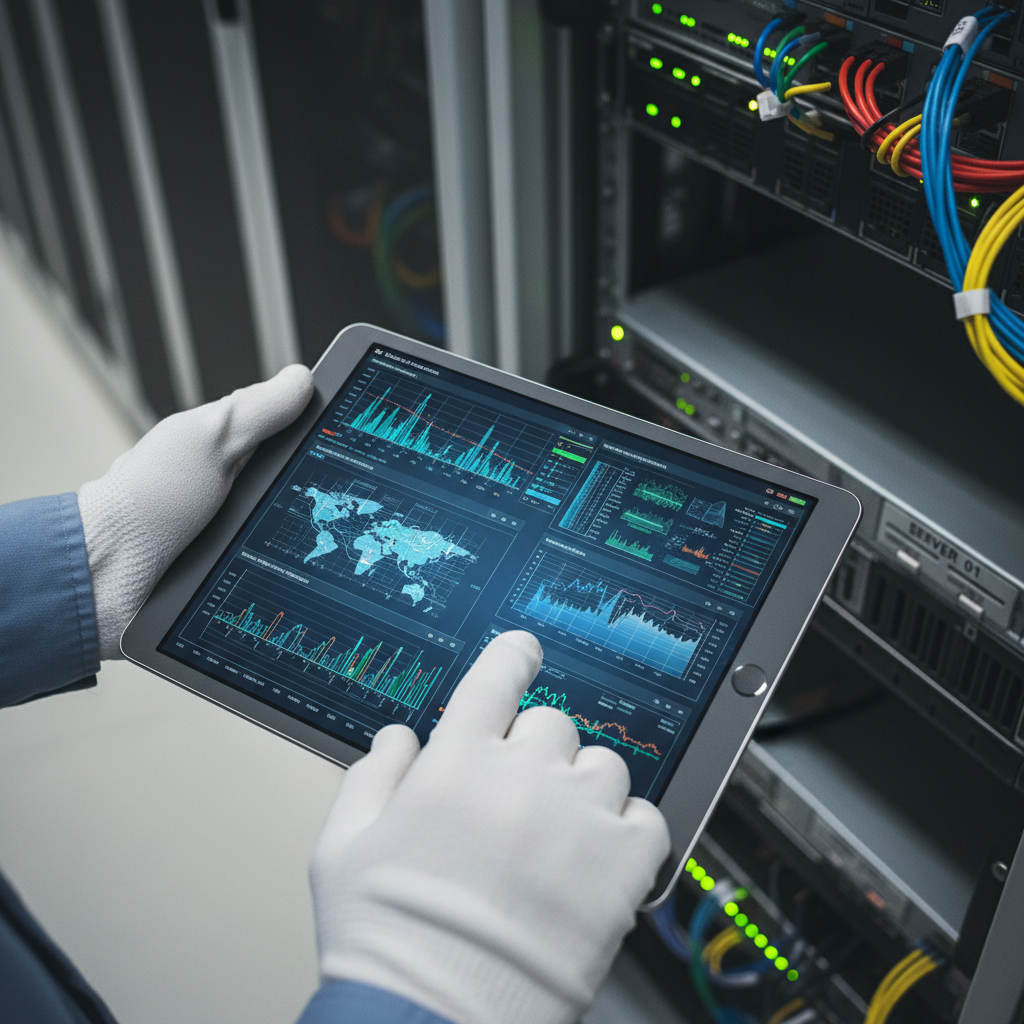 Painel de Controle Hotspot Wi-Fi: O Que Faz e Como Escolher 2 Close das mãos de um técnico operando o painel de controle hotspot wi-fi em um tablet perto de um servidor.