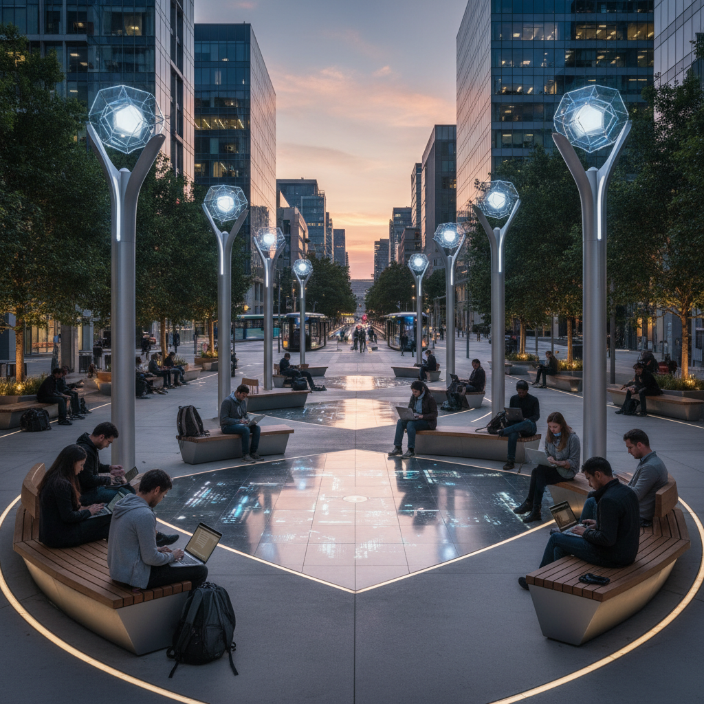 Painel de Controle Hotspot Wi-Fi: O Que Faz e Como Escolher 4 Visão ampla de praça moderna com usuários e infraestrutura conectada ao painel de controle hotspot wi-fi em foco.
