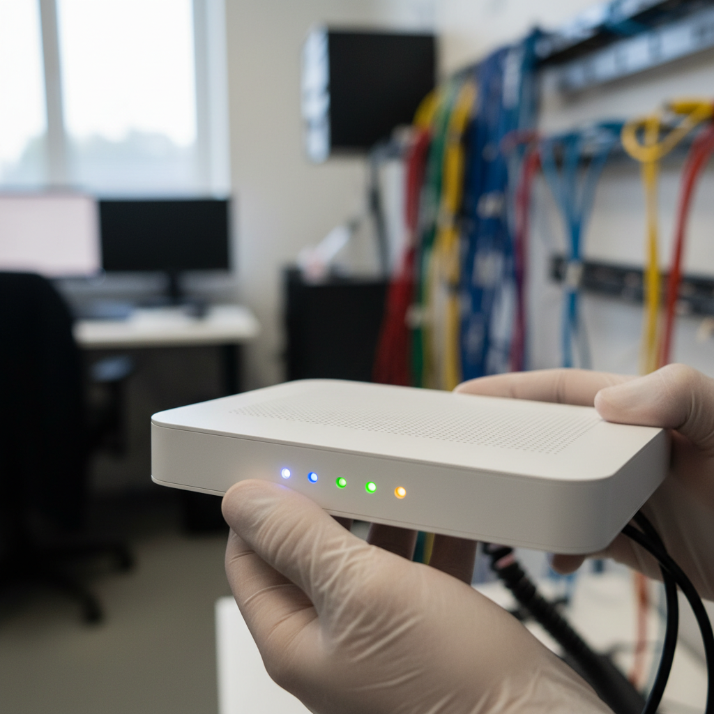 Técnico segura roteador em detalhe para análise de Comparativo de Plataformas de Hotspot para Provedores de equipamentos.