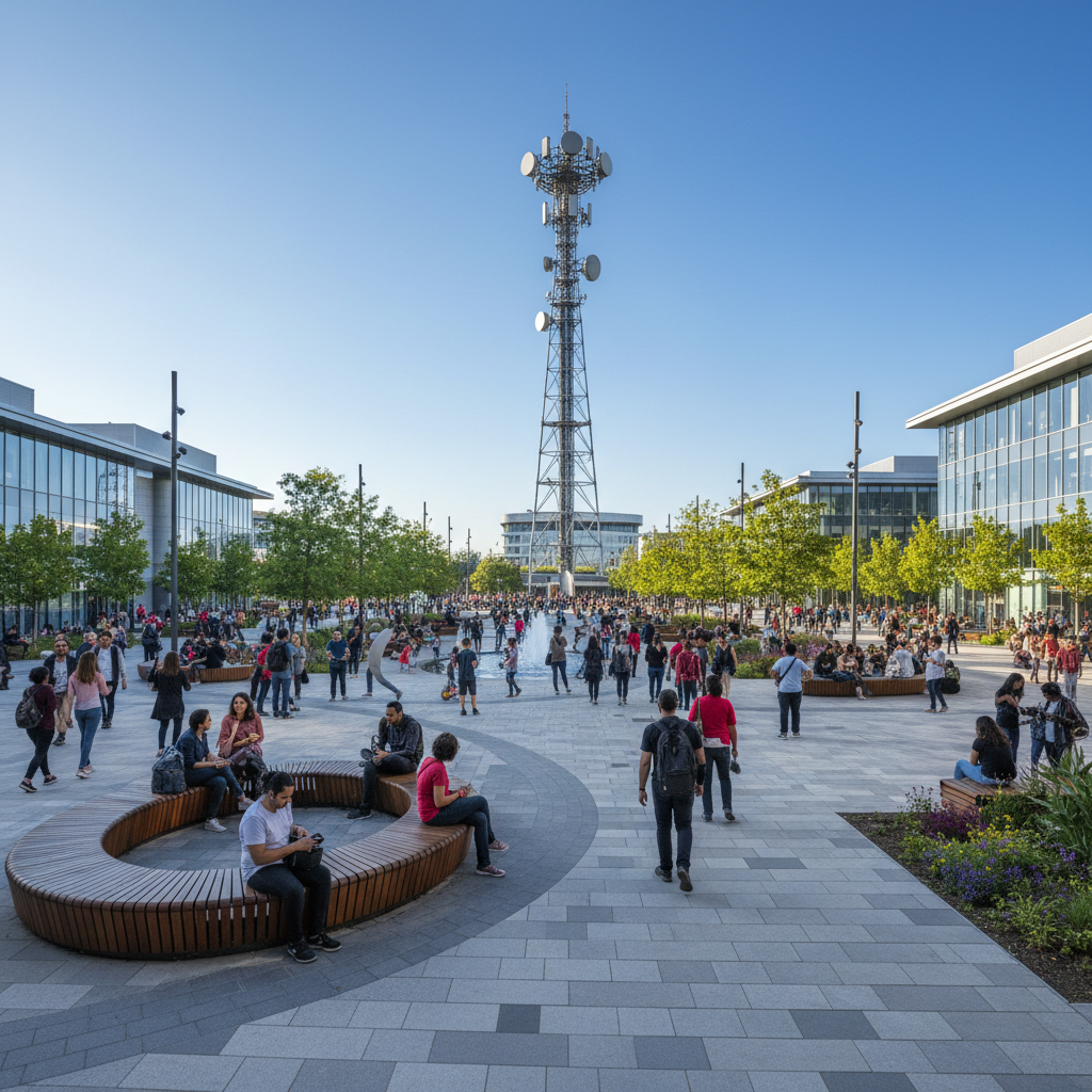 Pessoas em praça conectadas via plataforma hotspot para provedores comparativo em plano aberto sob luz natural.