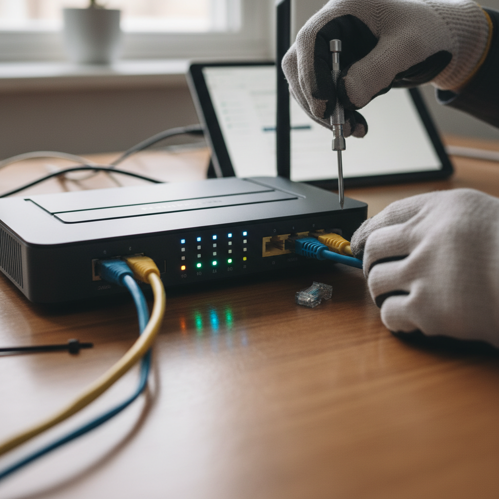 Quanto custa um sistema de hotspot Wi-Fi (valores reais) 2 Mãos de técnico ajustando roteador profissional detalhando quanto custa um sistema de hotspot wi-fi e equipamentos de rede.