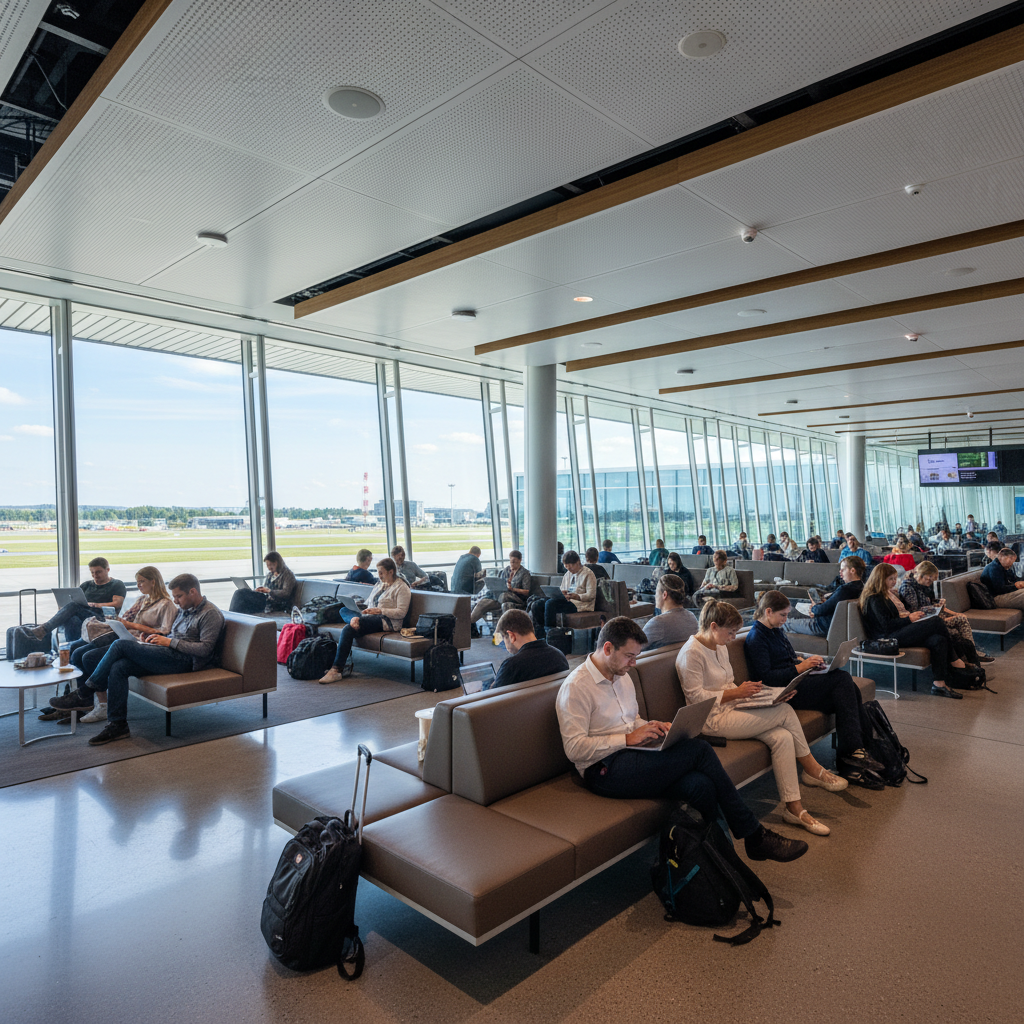Quanto custa um sistema de hotspot Wi-Fi (valores reais) 4 Pessoas em aeroporto usando internet sobre quanto custa um sistema de hotspot wi-fi em plano aberto com roteadores no teto.