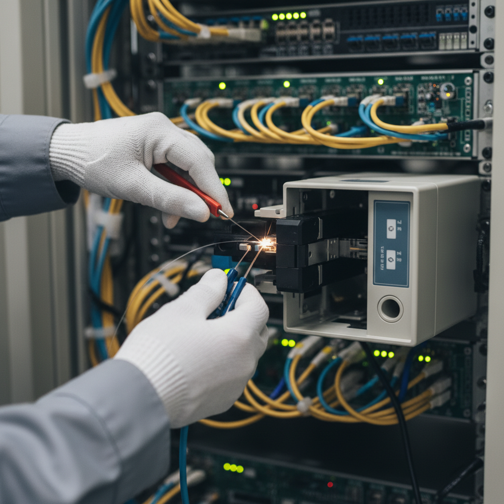 Reduções de custos para ISPs: onde cortar e onde lucrar 2 Técnico realiza fusão de precisão em cabos de rede visando as reduções de custos para ISPs através de manutenção eficiente.