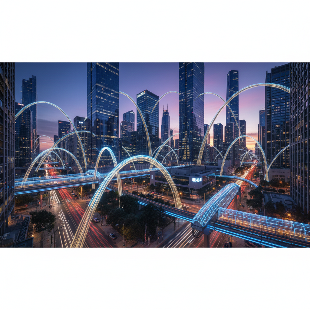 Reduções de custos para ISPs: onde cortar e onde lucrar 4 Vista panorâmica de rede de fibra óptica urbana iluminada demonstrando a redução de custos para ISPs em larga escala.