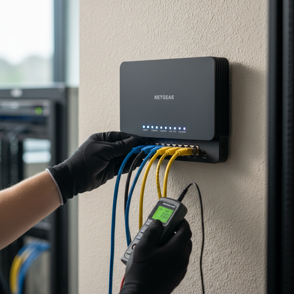 Detalhe de mãos de técnico ajustando roteador corporativo visando a retenção de logs wi-fi legislação e conectividade.