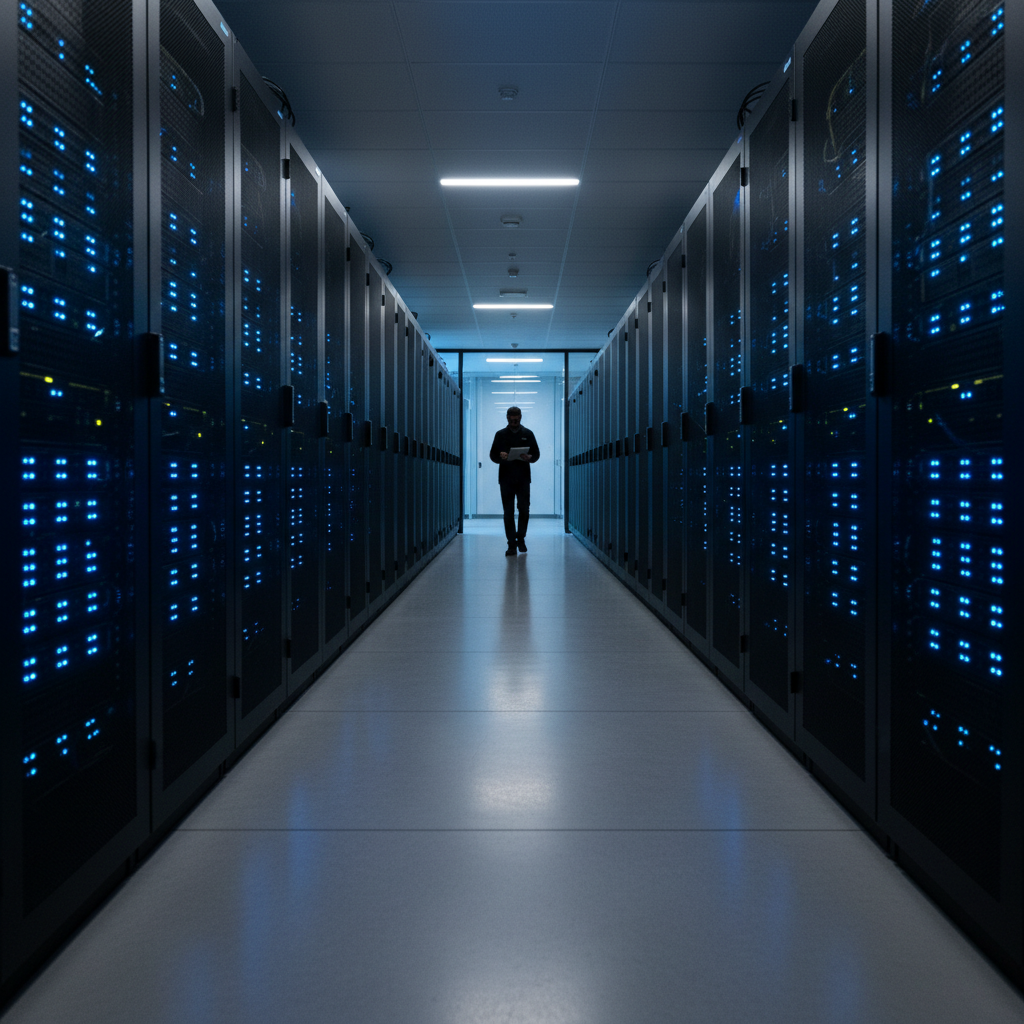 Servidores em corredor de data center moderno sob luzes azuis para retenção de logs wi-fi legislação em alta escala.