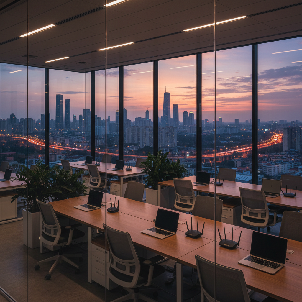 Escritório moderno com tecnologia focada em segurança em redes wi-fi proteja seus dados em ambiente corporativo.