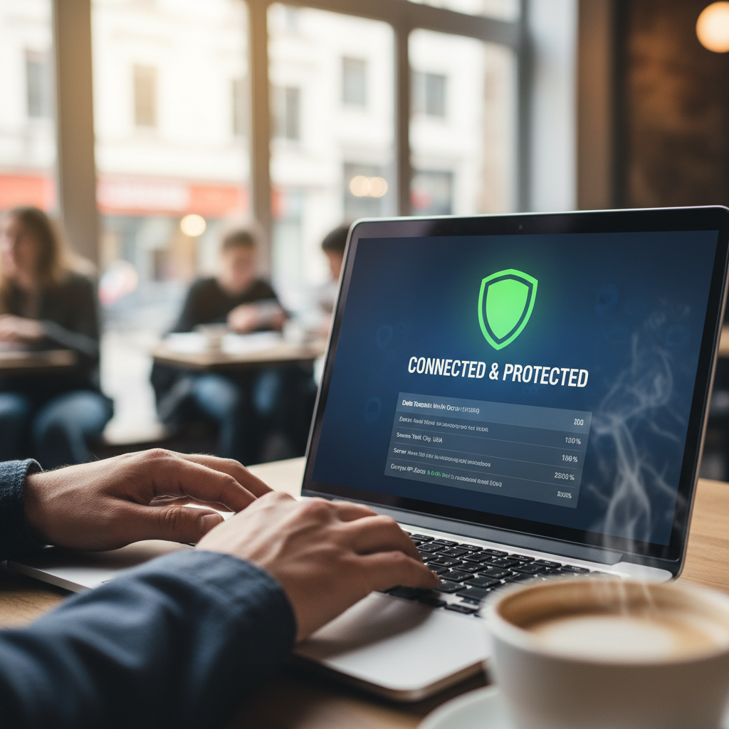 Segurança no Wi-Fi público: proteja-se em 7 passos 2 Close das mãos ao notebook em café focado na segurança no wi-fi público proteja se e conexões seguras digitais.
