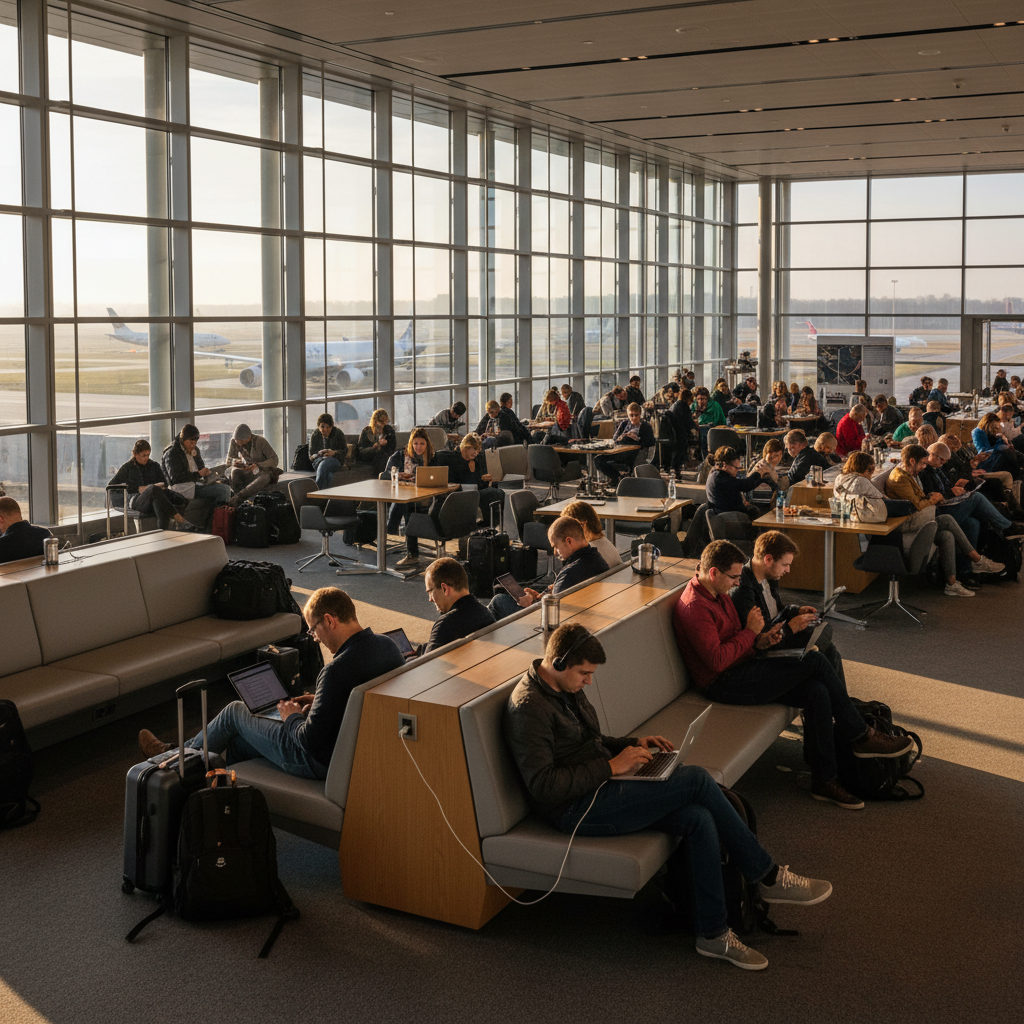Segurança no Wi-Fi público: proteja-se em 7 passos 4 Pessoas usando laptops em aeroporto amplo para seguranca no wifi publico proteja se com foco no ambiente coletivo.