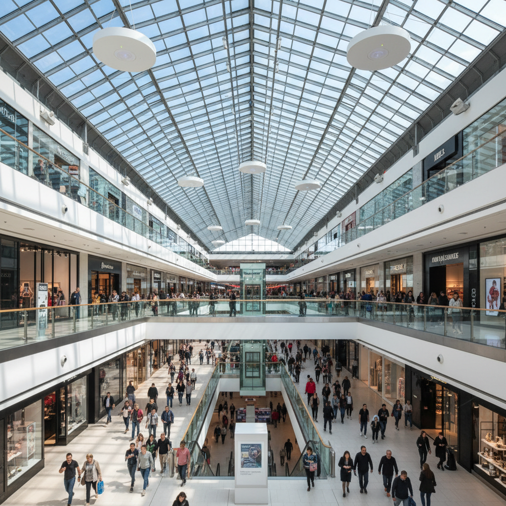 Taxa de conversão no Wi-Fi marketing: 20% ou 68%? 4 Pessoas em shopping amplo com antenas no teto para medir a taxa de conversão no wi-fi marketing em escala real.