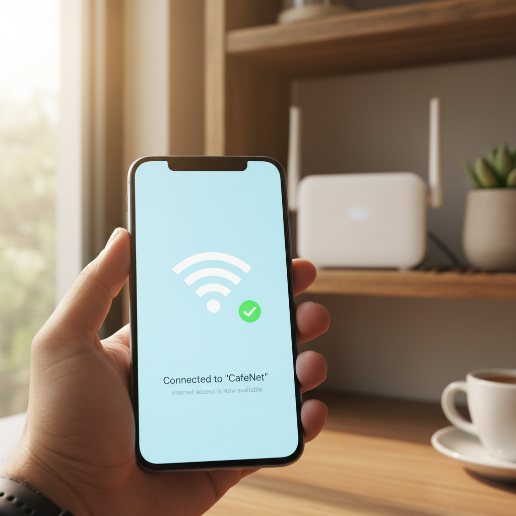Tempo de permanência cliente Wi-Fi: como medir e vender mais 2 Close no celular de cliente em café demonstrando o registro de tempo de permanência cliente wi-fi através da rede.