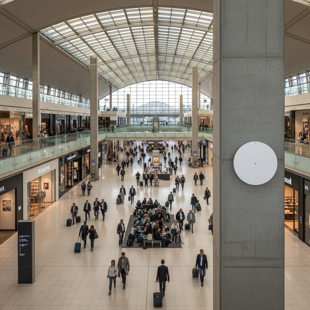 Tempo de permanência cliente Wi-Fi: como medir e vender mais 3 Vista panorâmica de shopping moderno com tecnologia para medir o tempo de permanência cliente wi-fi em ambiente amplo.