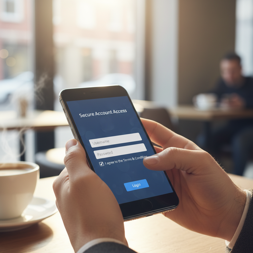 Celular em close exibindo tela de login com termo de consentimento wi-fi exemplo para navegação segura em rede.
