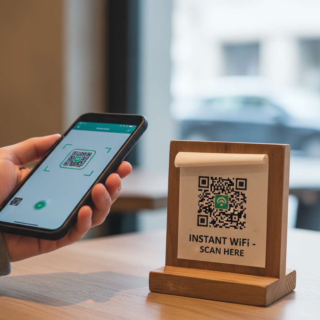 UX do Wi-Fi para clientes: 22% desistem no login 2 Mão aproxima celular de código QR em uma mesa para facilitar o ux do wi-fi para clientes com conexão rápida.