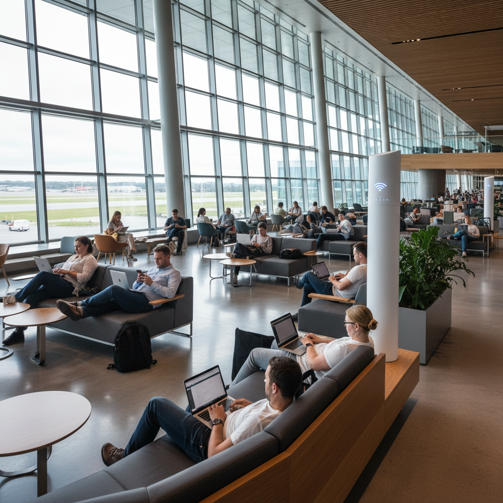UX do Wi-Fi para clientes: 22% desistem no login 4 Pessoas usando notebooks em um saguão amplo destacando o bom ux do wi-fi para clientes em ambientes corporativos.