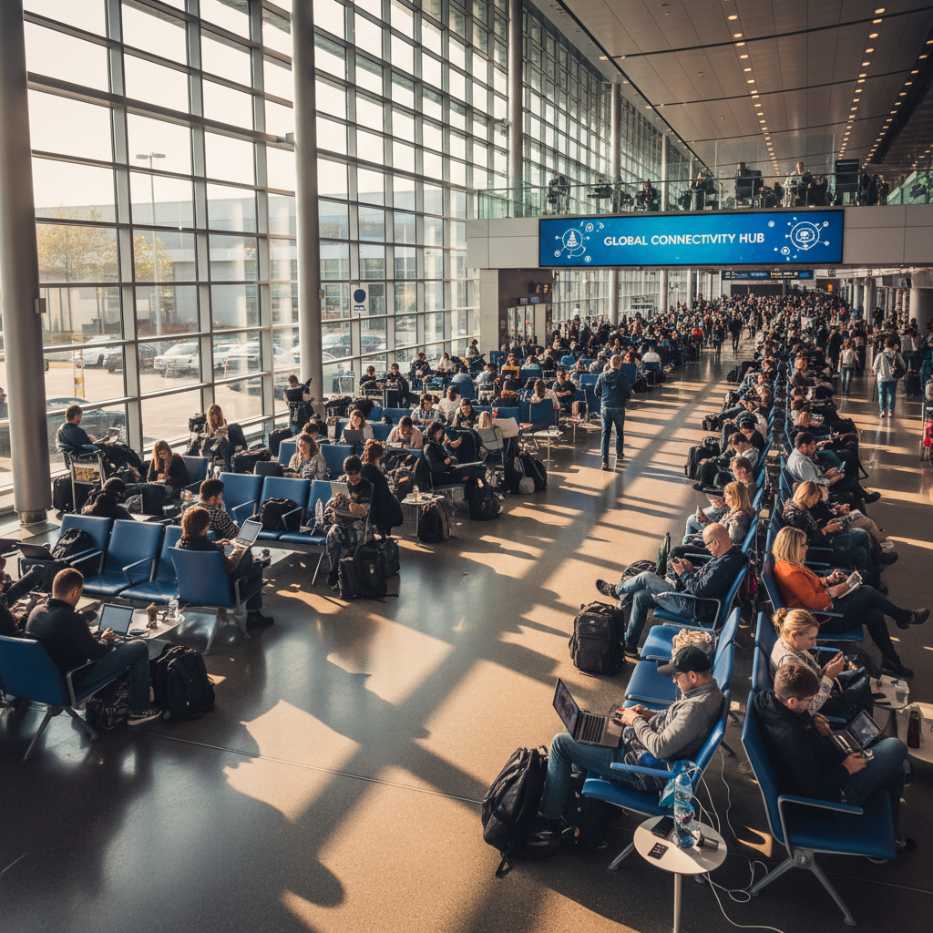 Pessoas em aeroporto usando dispositivos móveis sob risco de vazamento de dados em wi-fi público em plano aberto.
