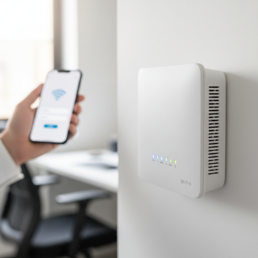 Detalhe de roteador profissional configurado como white label hotspot para provedores fixado em uma parede de alvenaria.