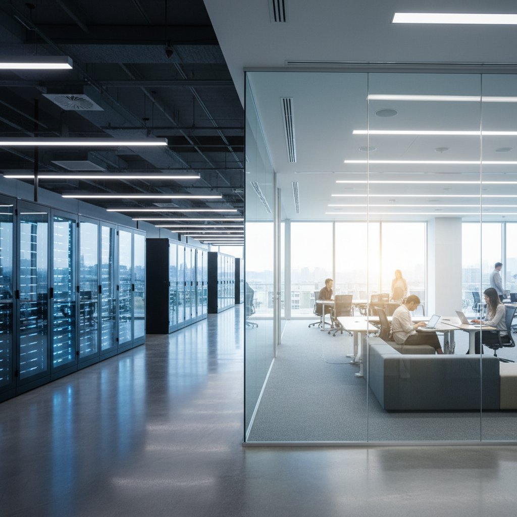 Escritório moderno de tecnologia que utiliza white label hotspot para provedores em ambiente de larga escala corporativa.