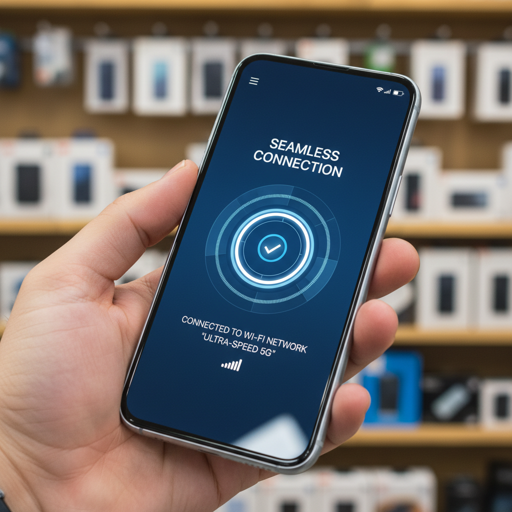 Close no celular de cliente conectado em loja usando o wi-fi como diferencial competitivo no varejo com foco nos detalhes.