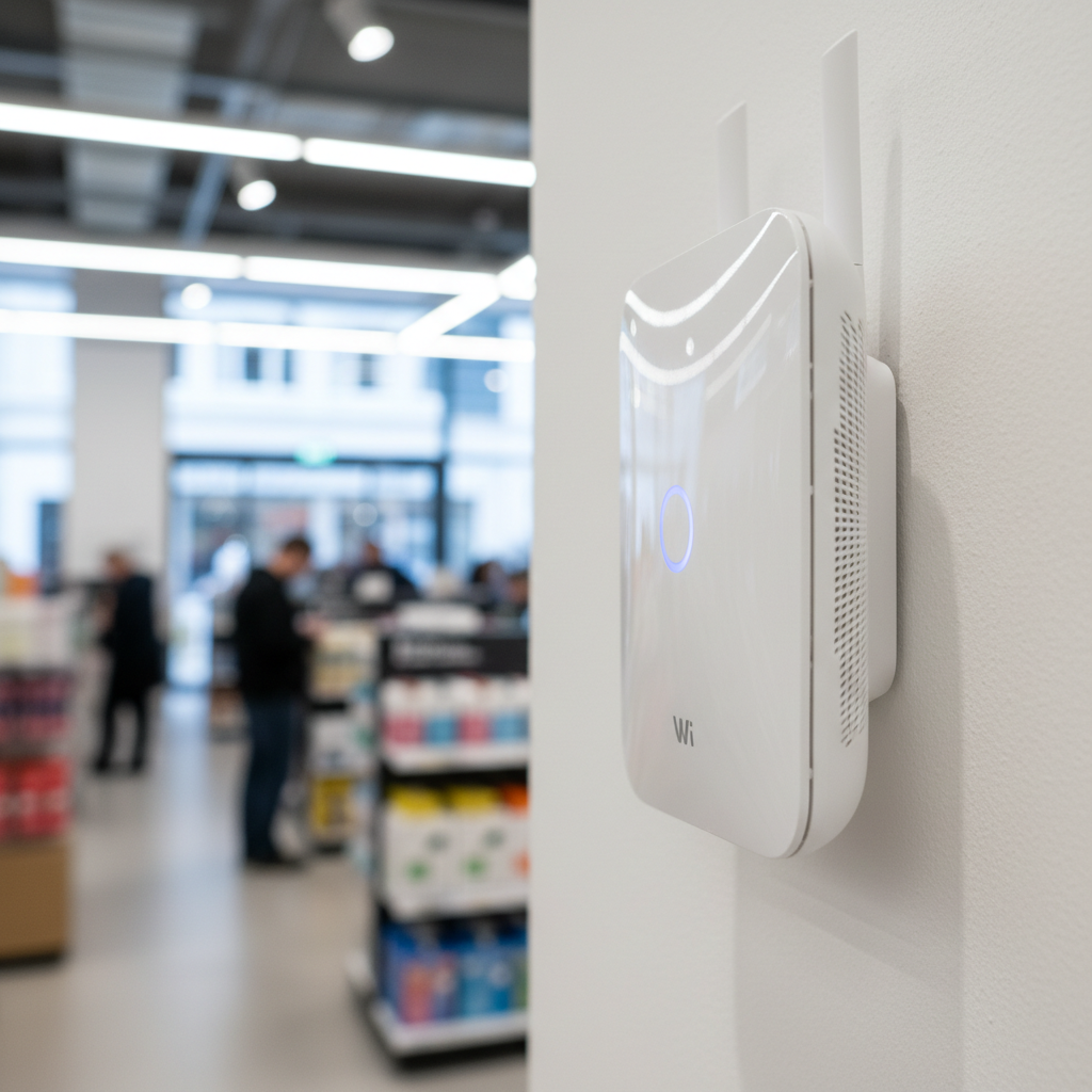 Wi-Fi como estratégia de retenção de clientes: guia prático 2 Close de roteador moderno em loja para mostrar o wi-fi como estratégia de retenção de clientes de qualidade.