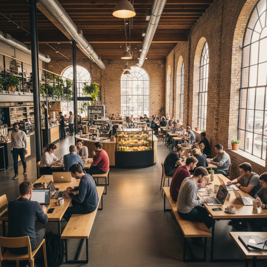 Wi-Fi como estratégia de retenção de clientes: guia prático 4 Pessoas trabalhando em café amplo com luz natural ilustrando wi-fi como estratégia de retenção de clientes.