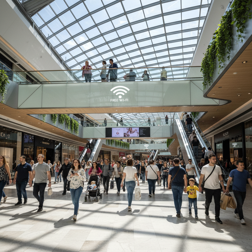 Vista ampla de shopping center ilustrando wi-fi marketing exemplos práticos em grandes espaços comerciais modernos.