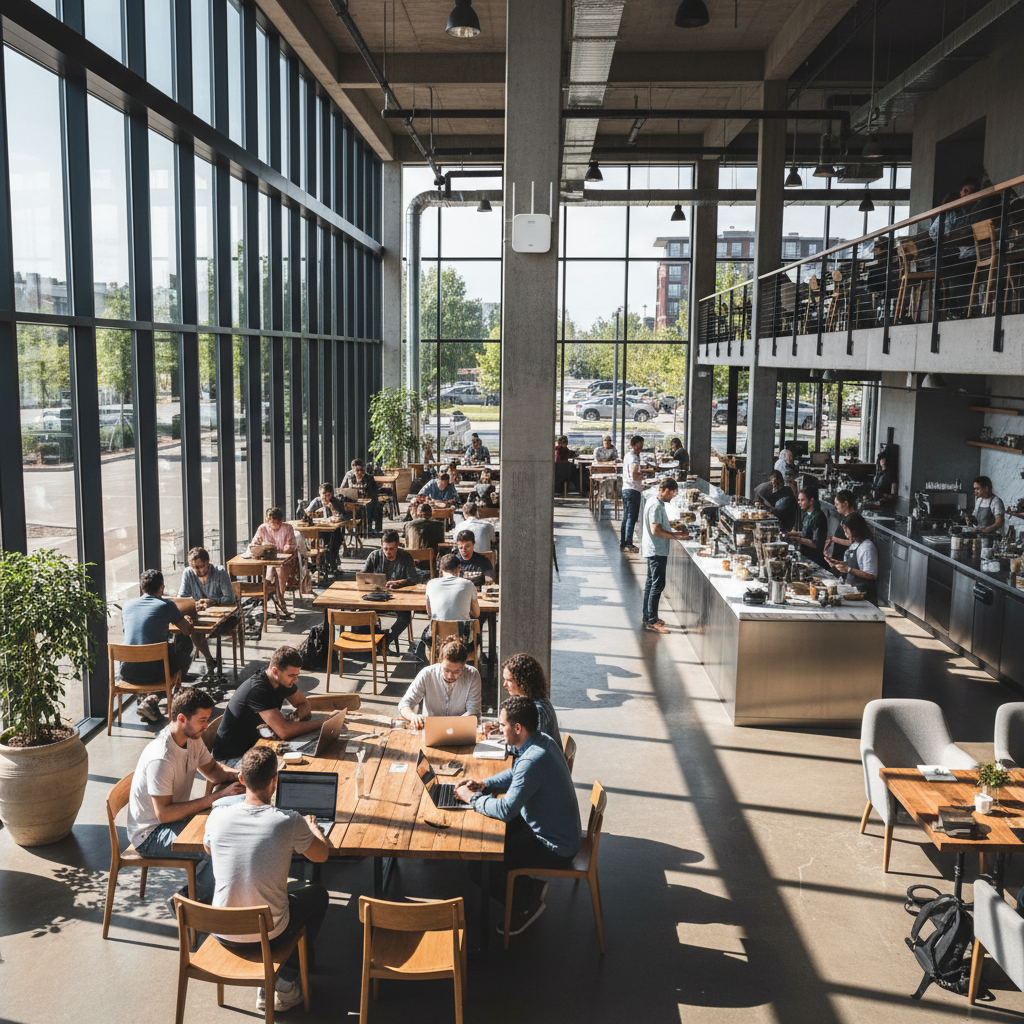 Wi-Fi para fidelização de clientes: do login à recompra 4 Ampla cafeteria moderna com clientes usando laptops aproveitando o wi-fi para fidelização de clientes em ambiente iluminado.