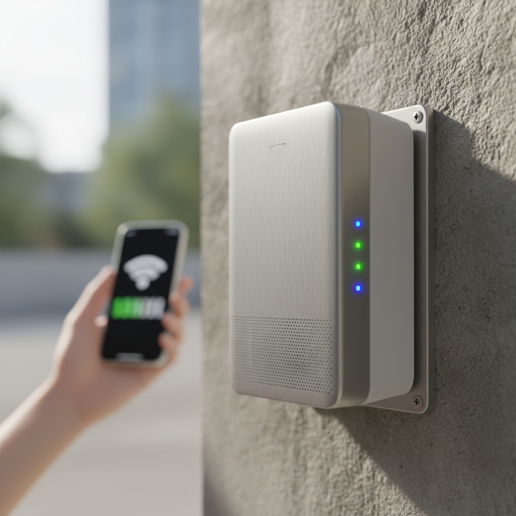 Detalhe técnico de roteador urbano de alta velocidade parte da rede de wi-fi público no brasil em 2026 instalada em parque.
