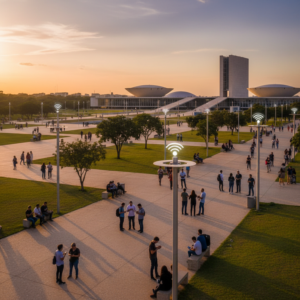 Pessoas conectadas em praça moderna com antenas de wi-fi público no brasil em 2026 ao fundo sob luz natural de fim de tarde.