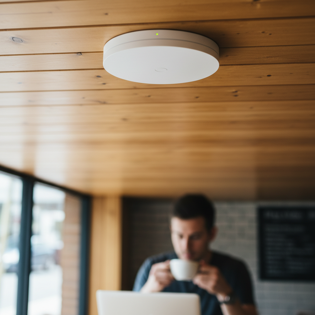 Detalhe de roteador corporativo em teto de madeira focado na ligacao entre a ligação entre wi-fi e a experiência do cliente