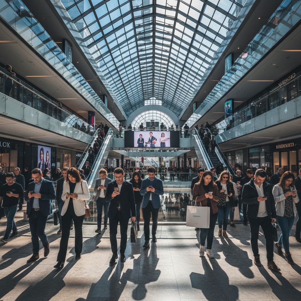 Pessoas em um shopping moderno usando celulares demonstrando a ligação entre wi-fi e a experiência do cliente