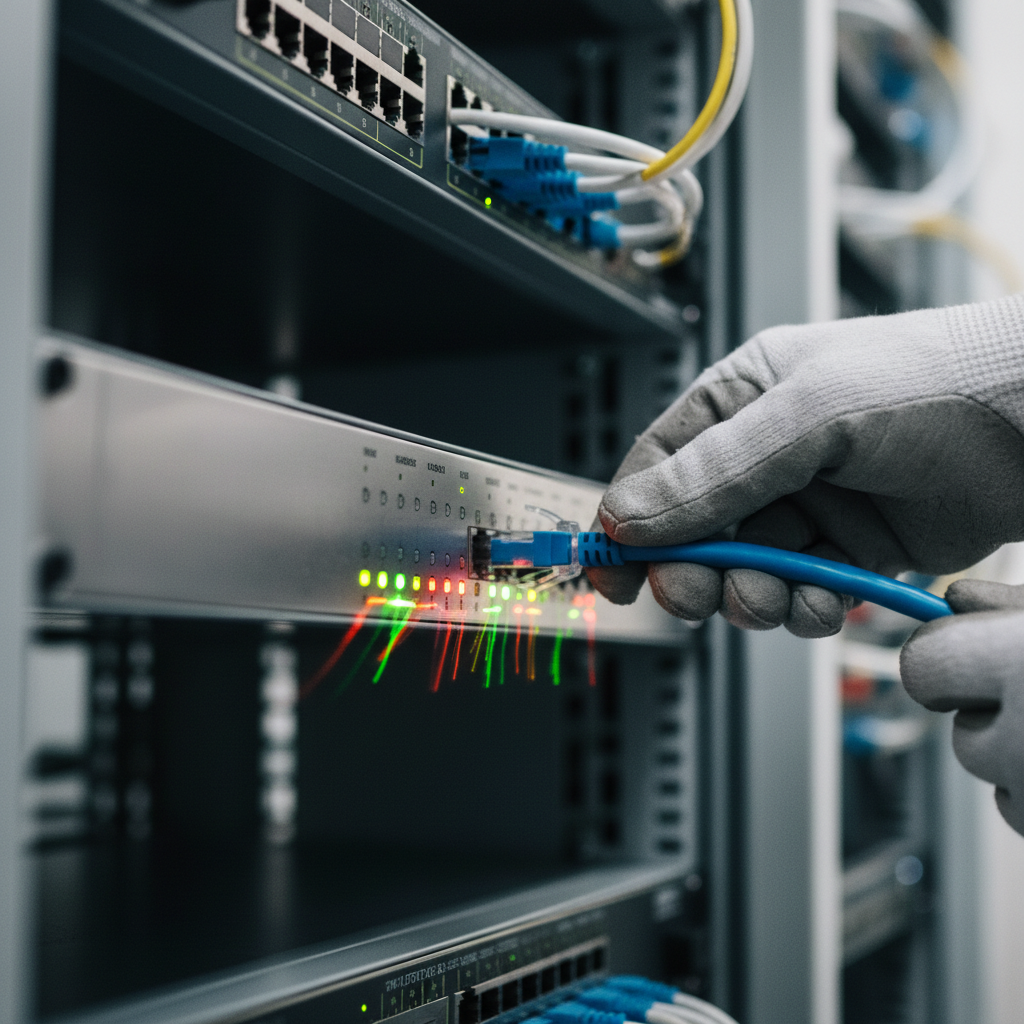 Arquitetura de Sistemas para Hotspot: do Cabo ao Dashboard 2 Detalhe de mãos conectando cabos em roteador profissional para configurar a arquitetura de sistemas para hotspot em rack.