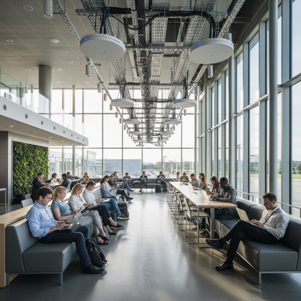 Arquitetura de Sistemas para Hotspot: do Cabo ao Dashboard 3 Pessoas em aeroporto usando Wi-Fi sob infraestrutura de arquitetura de sistemas para hotspot em ambiente amplo e iluminado.