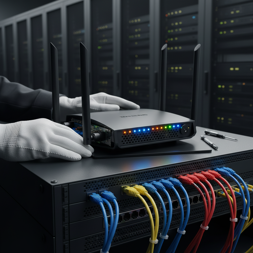 Detalhe de mãos técnicas ajustando roteador profissional para otimizar o balanceamento de carga wi-fi em empresa.