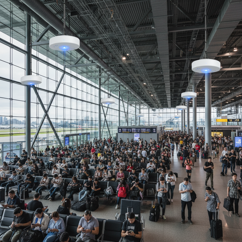 Amplo saguão de aeroporto com rede de alta densidade operando o balanceamento de carga wi-fi para muitos passageiros.