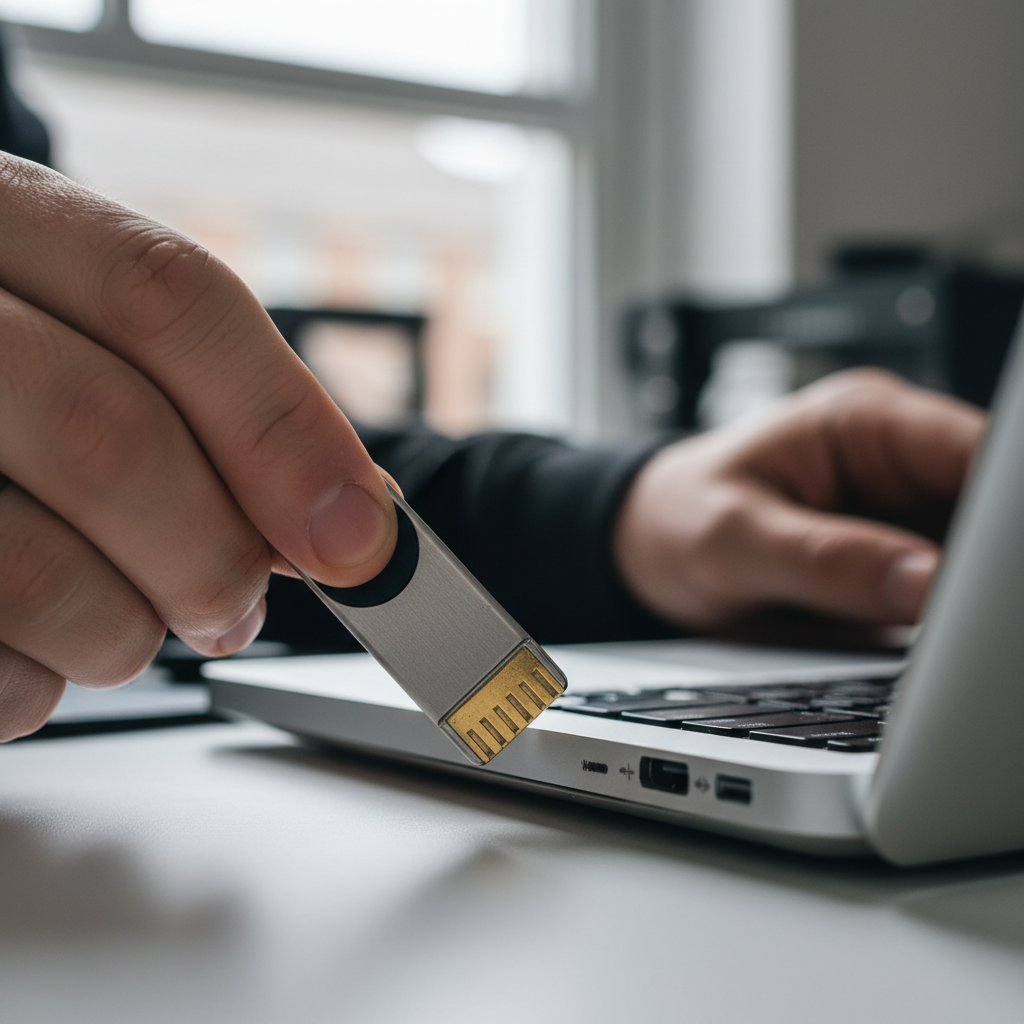 Chave de Segurança na Rede Wi-Fi: O Que É e Como Achar 2 Close no detalhe de um dispositivo físico inserido no notebook para validar a chave de segurança na rede wi-fi com precisão.