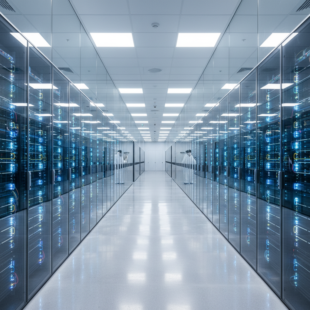Chave de Segurança na Rede Wi-Fi: O Que É e Como Achar 4 Ambiente amplo de um data center moderno com servidores para gerenciar a chave de segurança na rede wi-fi de uma empresa.