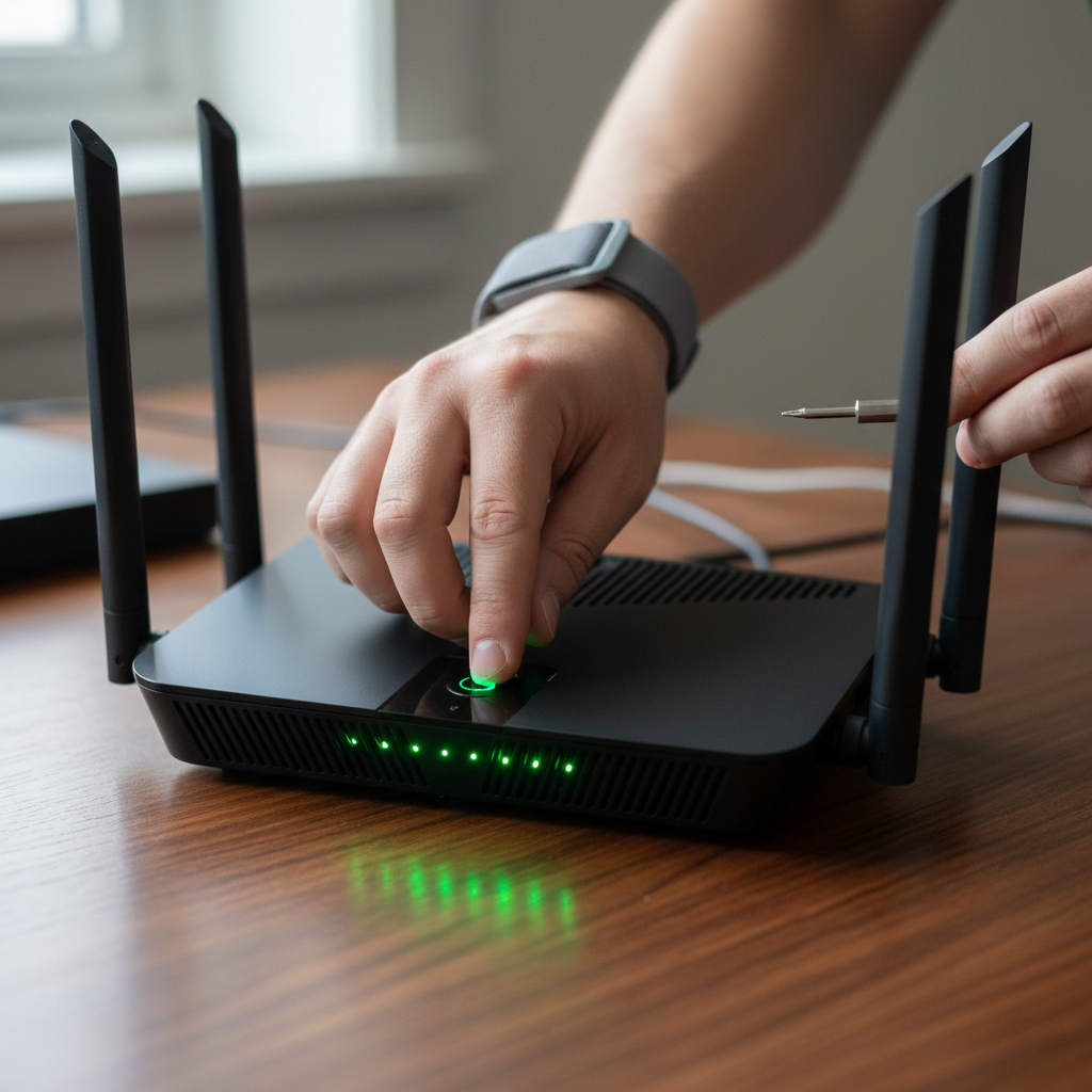 Como Evitar Queda de Conexão Wi-Fi: 7 Correções Práticas 2 Mão ajustando antenas de um roteador em close detalhado ensinando como evitar queda de conexão wi-fi em casa ou no trabalho.
