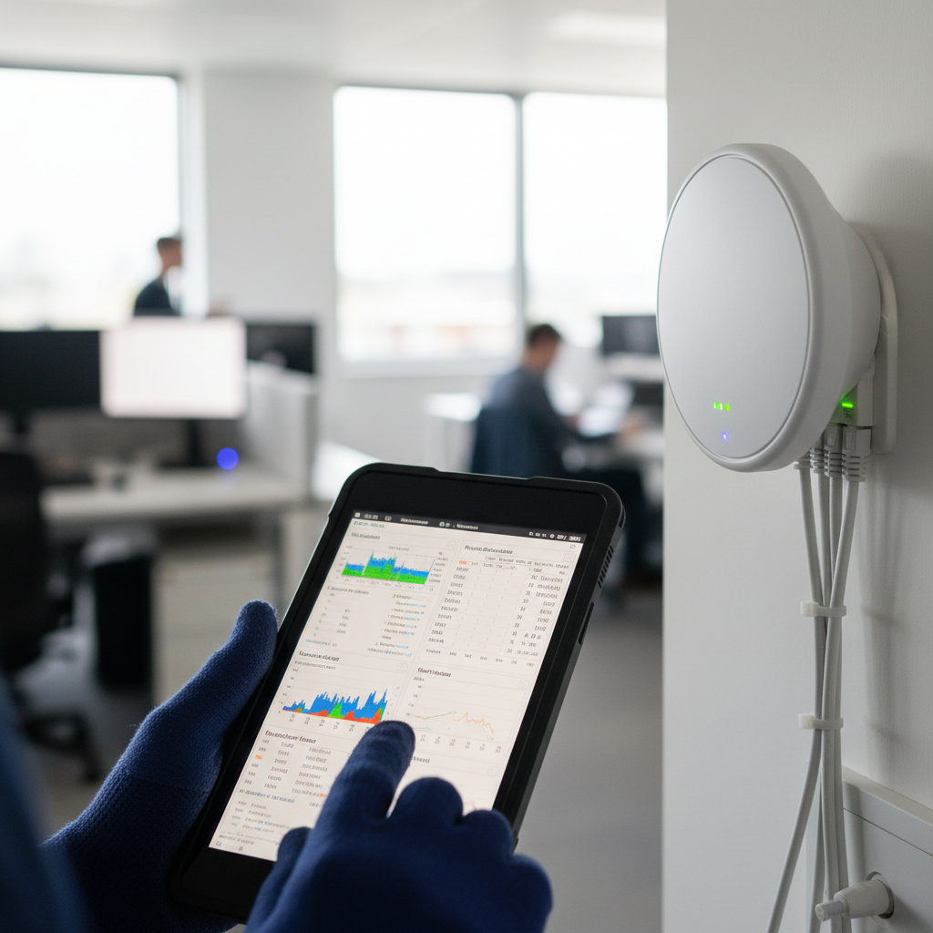 Como Otimizar Rede Wi-Fi Corporativa Sem Trocar Tudo 2 Técnico ajustando roteador moderno para demonstrar como otimizar rede wi-fi corporativa com foco em detalhes.