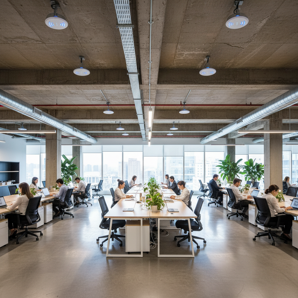 Como Otimizar Rede Wi-Fi Corporativa Sem Trocar Tudo 4 Escritório amplo com roteadores no teto mostrando como otimizar rede wi-fi corporativa em grandes ambientes.