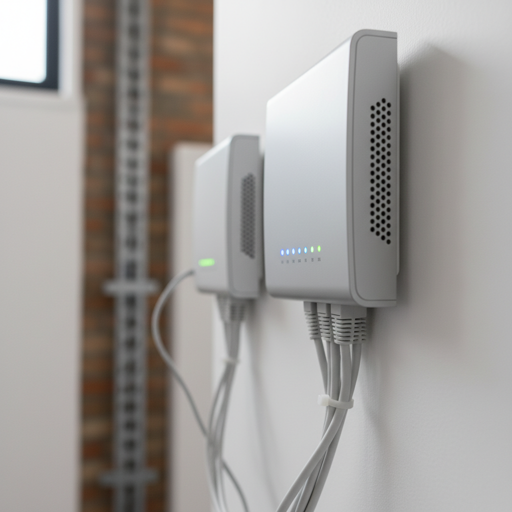 Compliance para hotspot Wi-Fi: o que a lei exige no Brasil 2 Close técnico em roteador empresarial instalado em parede branca focado no compliance para hotspot wi-fi e segurança de dados.