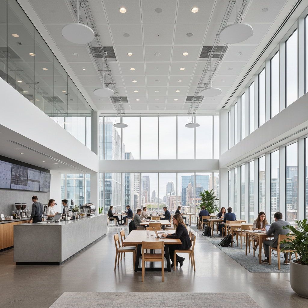 Compliance para hotspot Wi-Fi: o que a lei exige no Brasil 4 Pessoas trabalhando em lounge moderno com rede segura demonstrando a importância do compliance para hotspot wi-fi em empresas.