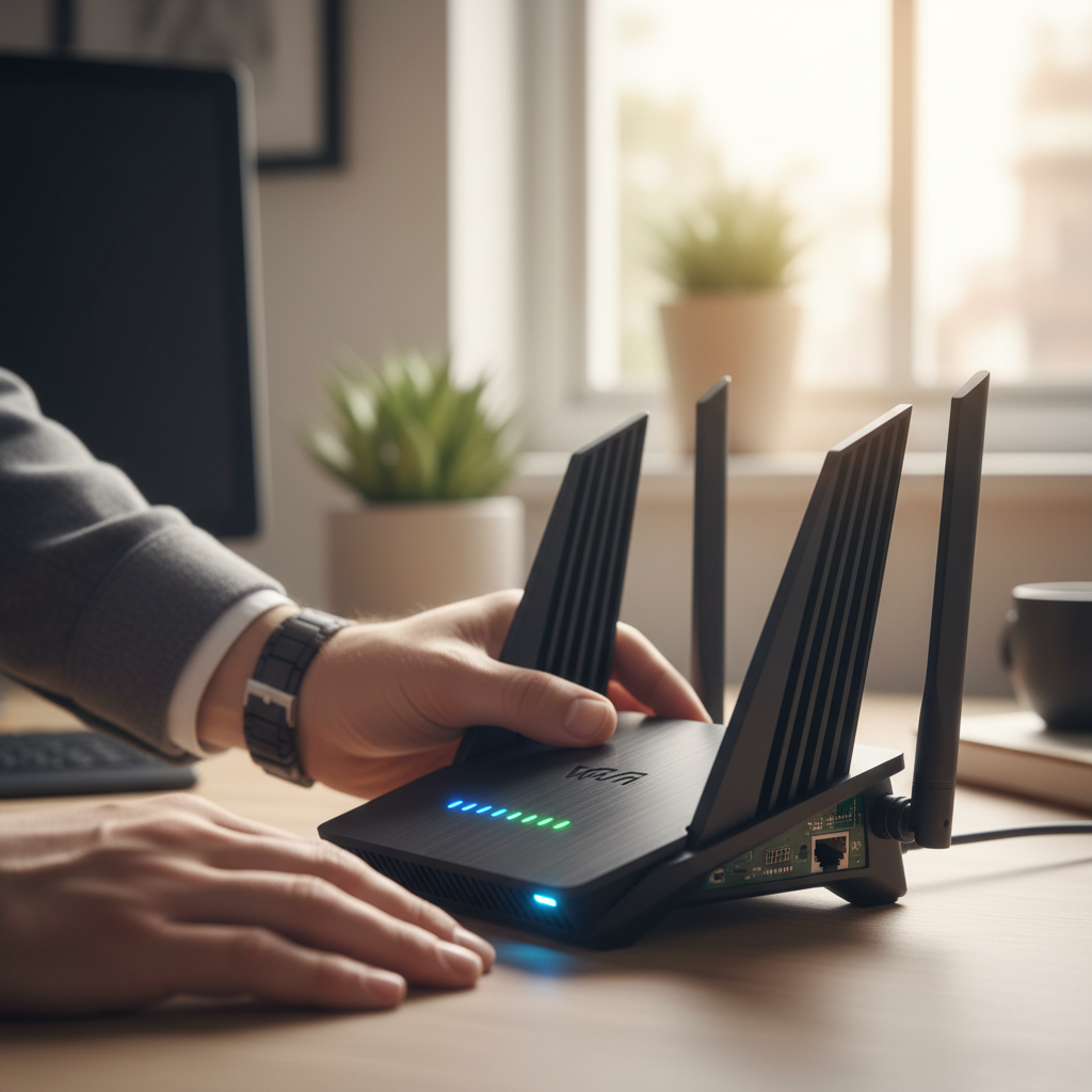 Mão ajustando detalhes técnicos de um roteador moderno sobre o controle parental em redes wi-fi proteja seus dispositivos.