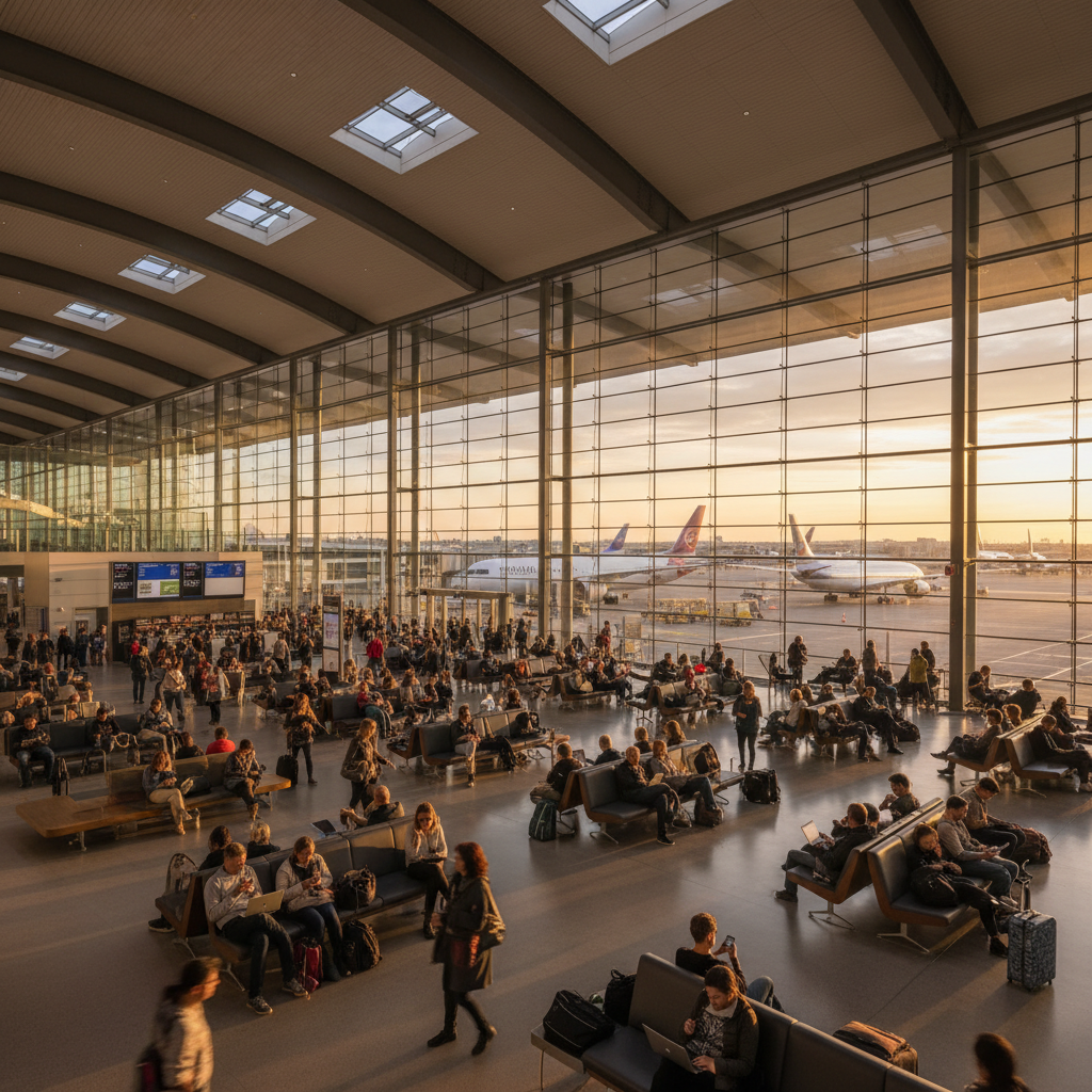 Cuidados ao utilizar Wi-Fi público: 9 dicas de segurança 4 Pessoas usando dispositivos em aeroporto amplo ilustrando cuidados ao utilizar wi-fi público veja 9 dicas de segurança.